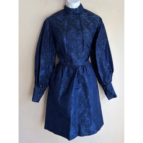 Handmade Dresses & Skirts - Vintage 60s 70s Handmade Navy Brocade Mini Dress XS S Gothic Victorian Regency